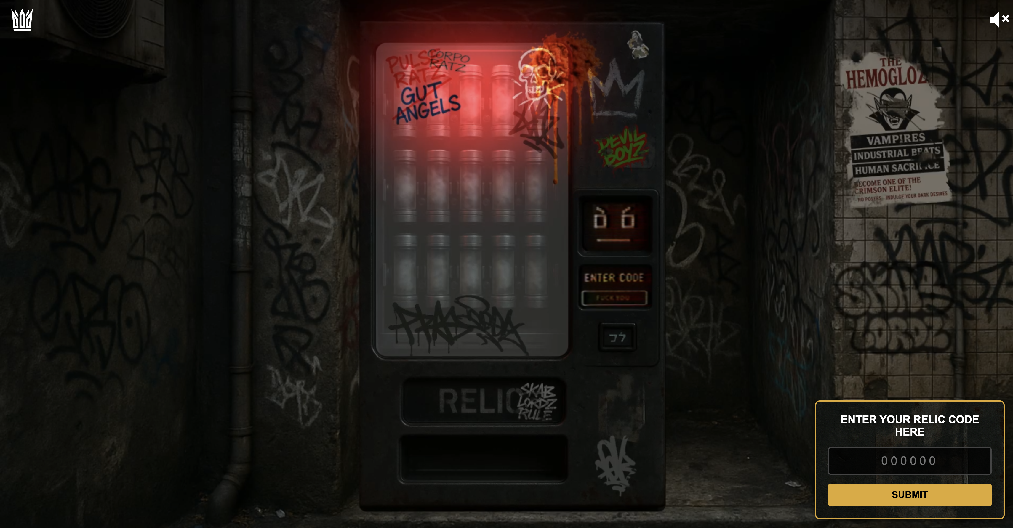 A stylized rendering of a 'digital vending machine' interface within the Crown of Blades world. Distinct from a typical e-commerce product page, a retro-futuristic or slightly unsettling aesthetic. The image highlights the interactive elements and the cipher component. An interface that feels both familiar and alien.