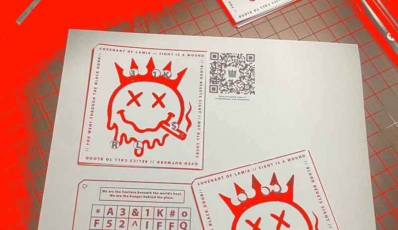 A visual representation of the ARG element. A screenshot of a puzzle, a cryptic message. a graphic that illustrates the connection between the online and offline elements of the ARG. The image is mysterious and engaging, hinting at the deeper layers of the Crown of Blades experience.